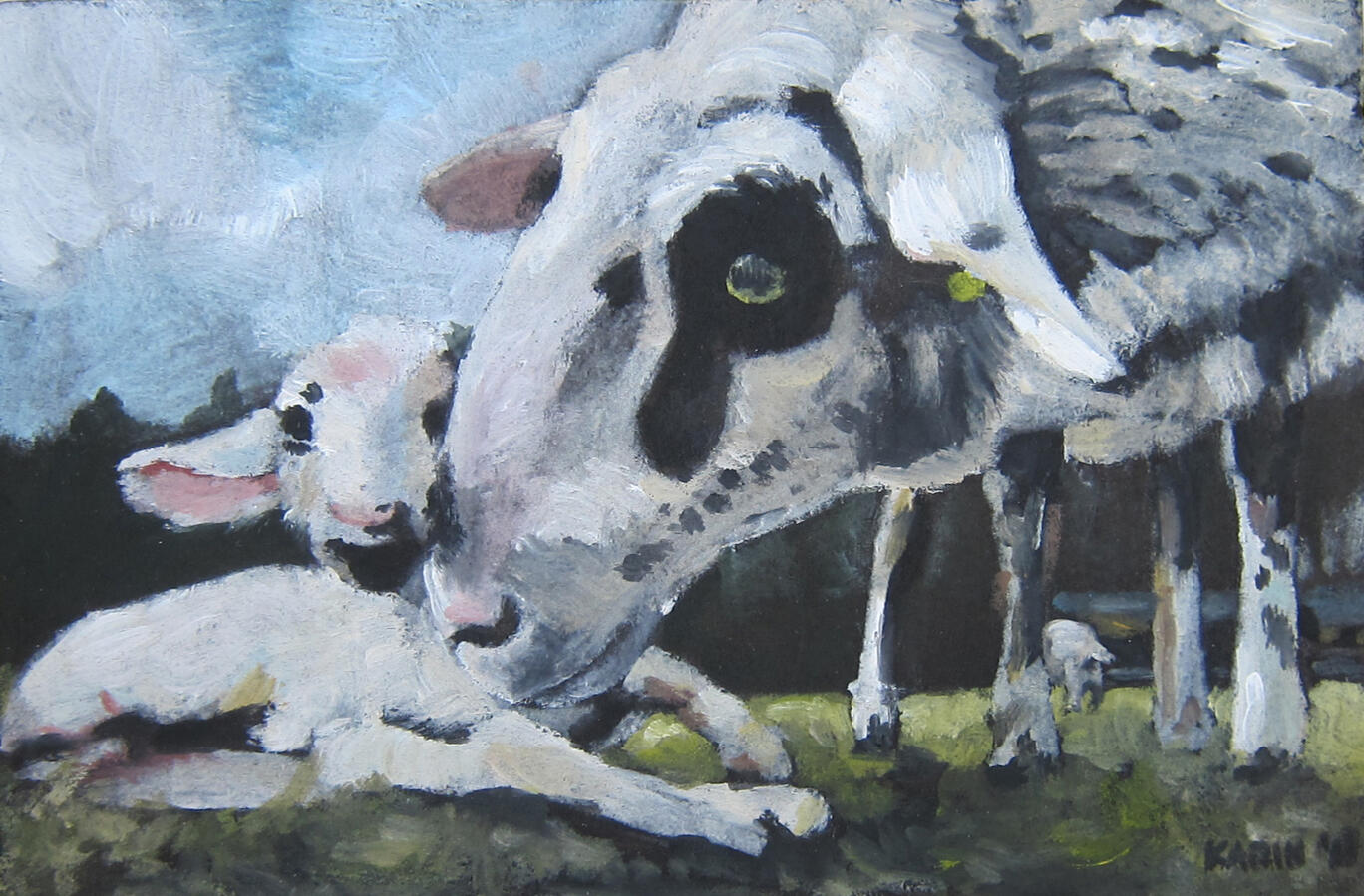 Eerste lammetje, 10x15cm, olieverf op mdf, €125,-