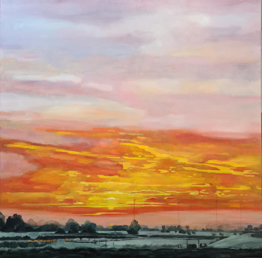 Zonopkomst bij de Steenwaard, 100x100cm, olieverf op doek, €950,-
