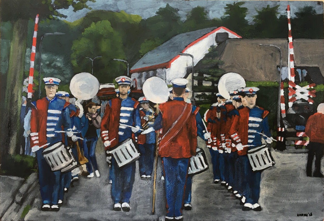 March&amp;showband, 20x29cm, olieverf op mfd, €325,-