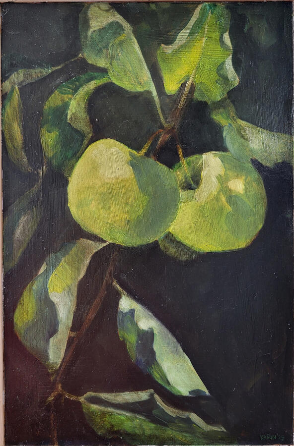 Groene appels, 18 x 19 cm, olieverf op paneel, €150,-
