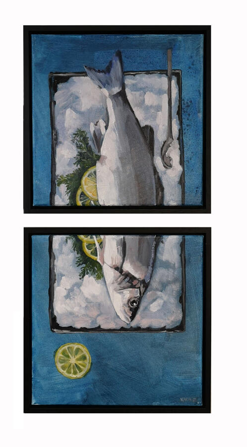 Vis met citroen, 2x 30x30cm, olieverf op doek, € 450,-