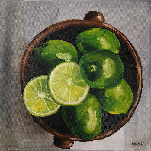 Limoenen in schaaltje, 30×30cm, olieverf op doek, € 300,-