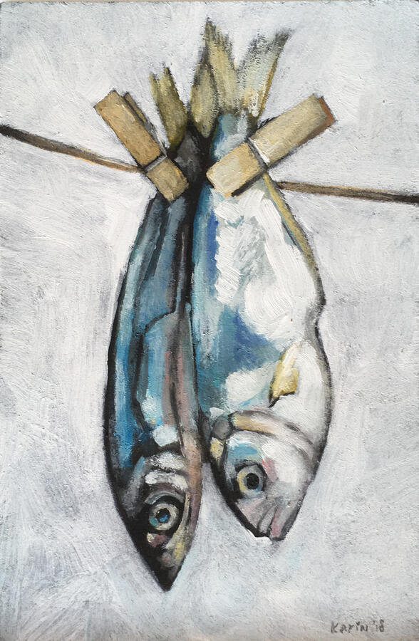 Twee vissen aan een lijntje, 10x15cm, olieverf op mdf, € 110,-