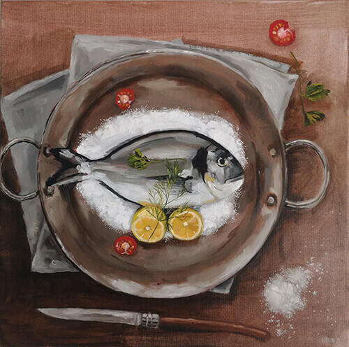 Vis in de pan, 50×50 cm, olieverf op doek, € 450,-