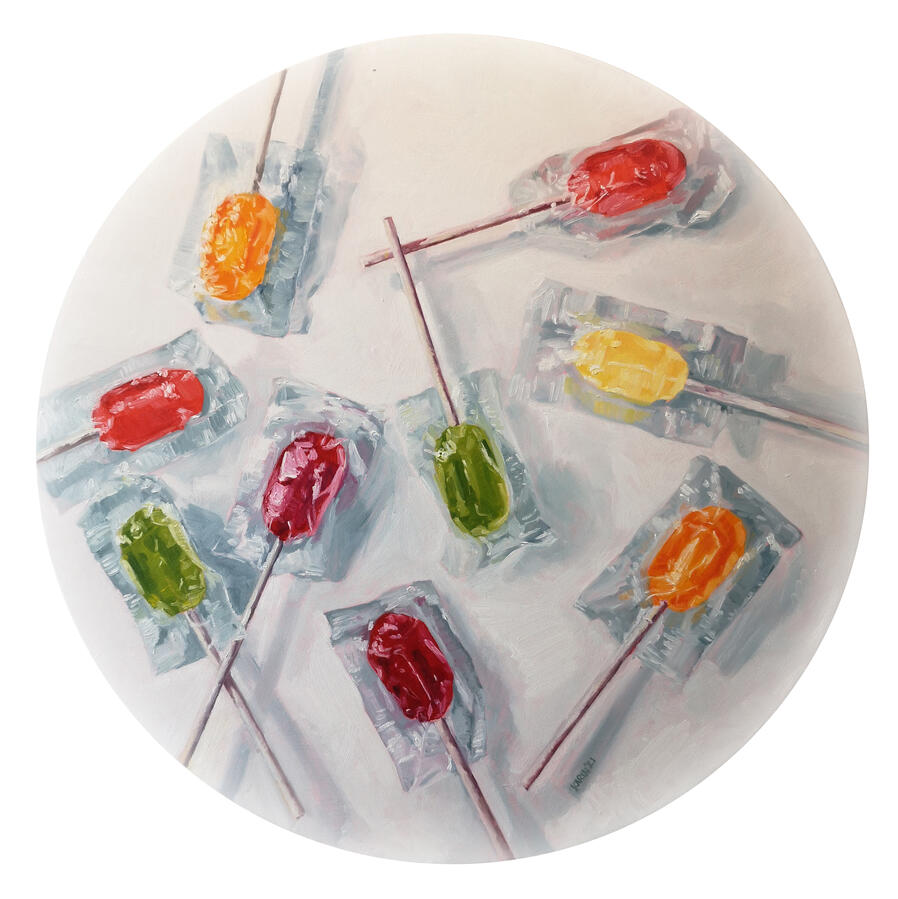 Lolly's, rond 50cm, olieverf op doek, €500,-