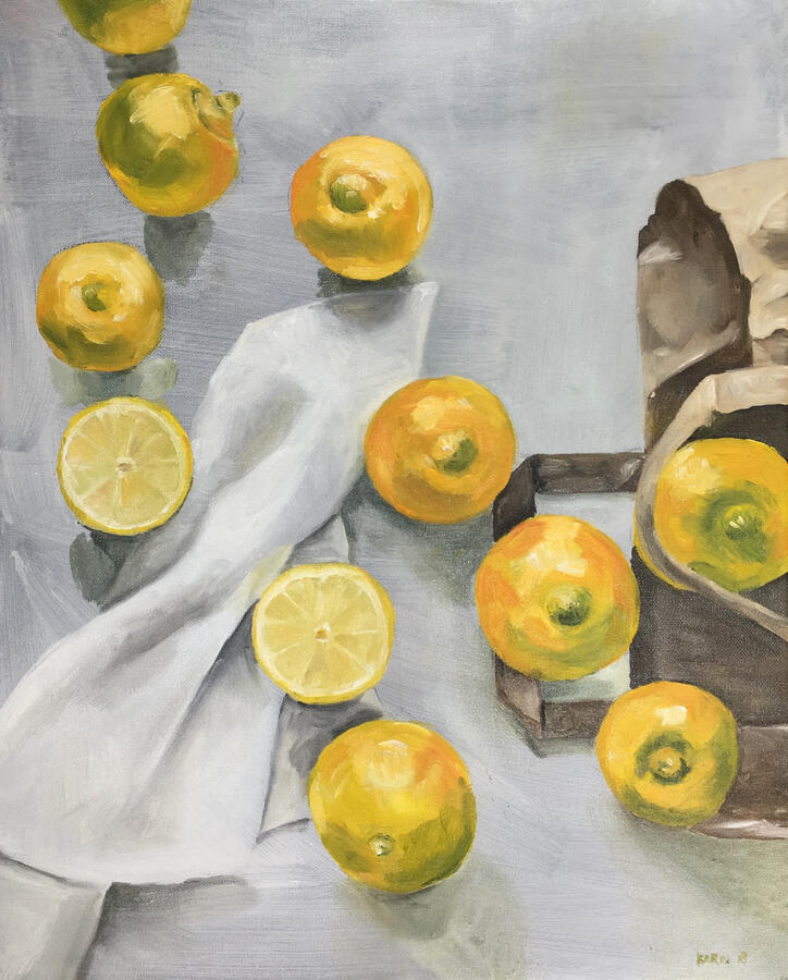 Citroenen in zak, 40x50cm, olieverf op doek, € 350,-