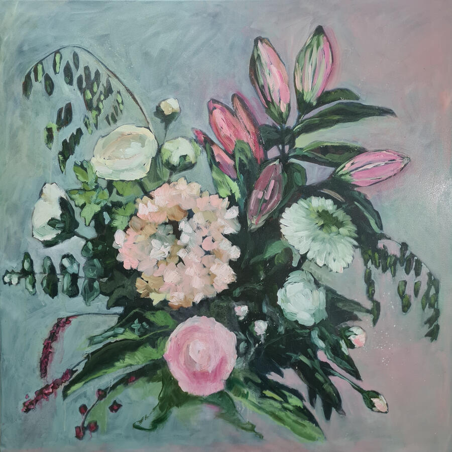 Bloemenpracht 2, olieverf op doek, 100 x 100 cm, €950,-