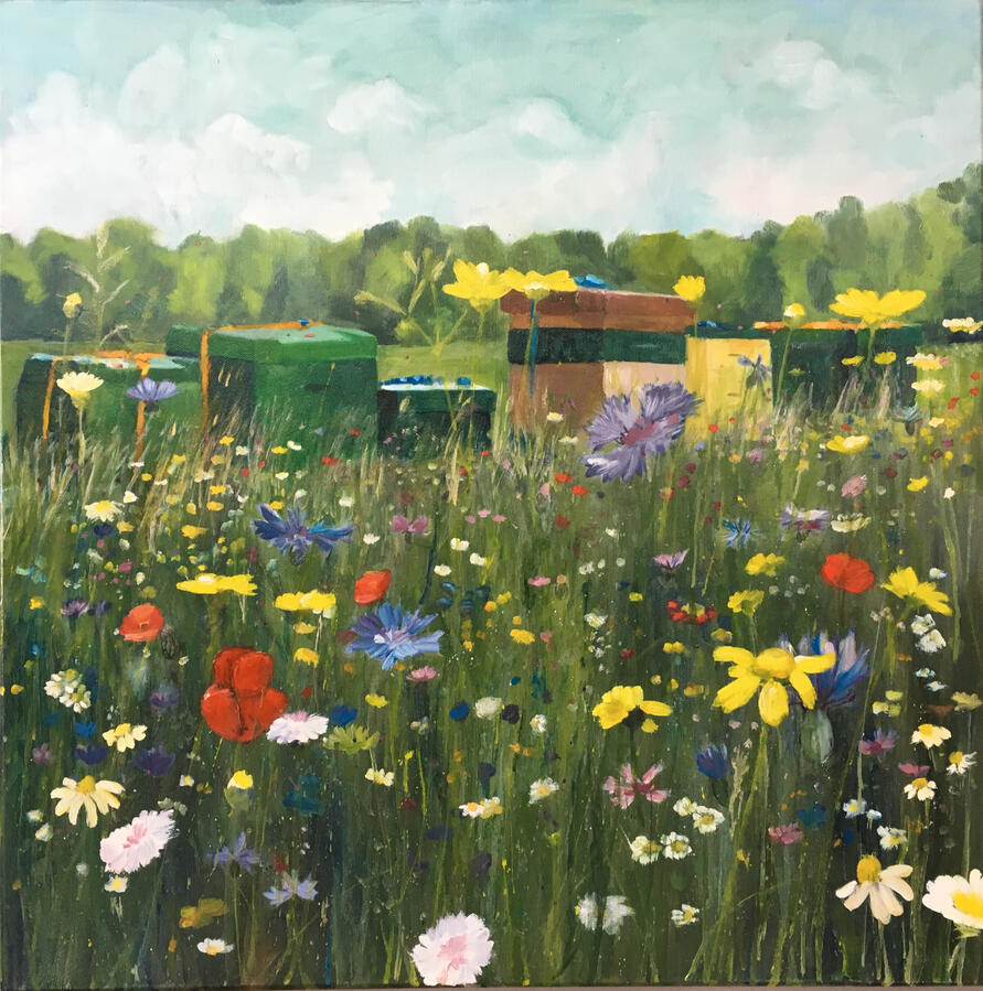 Bloemetjes en bijtjes, olieverf op doek, 60 x 60 cm, €600,-