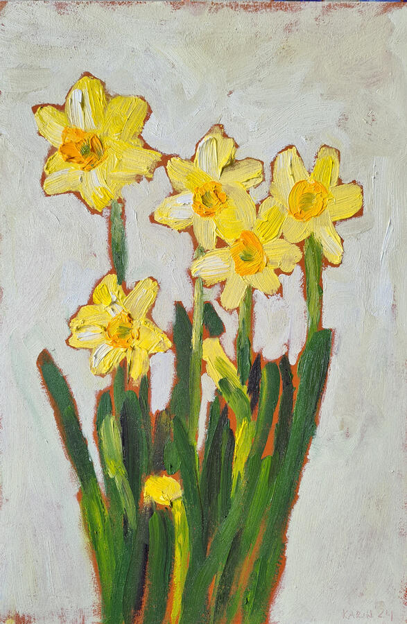 narcissen, olieverf op paneel, 20 x 30 cm, €100,-