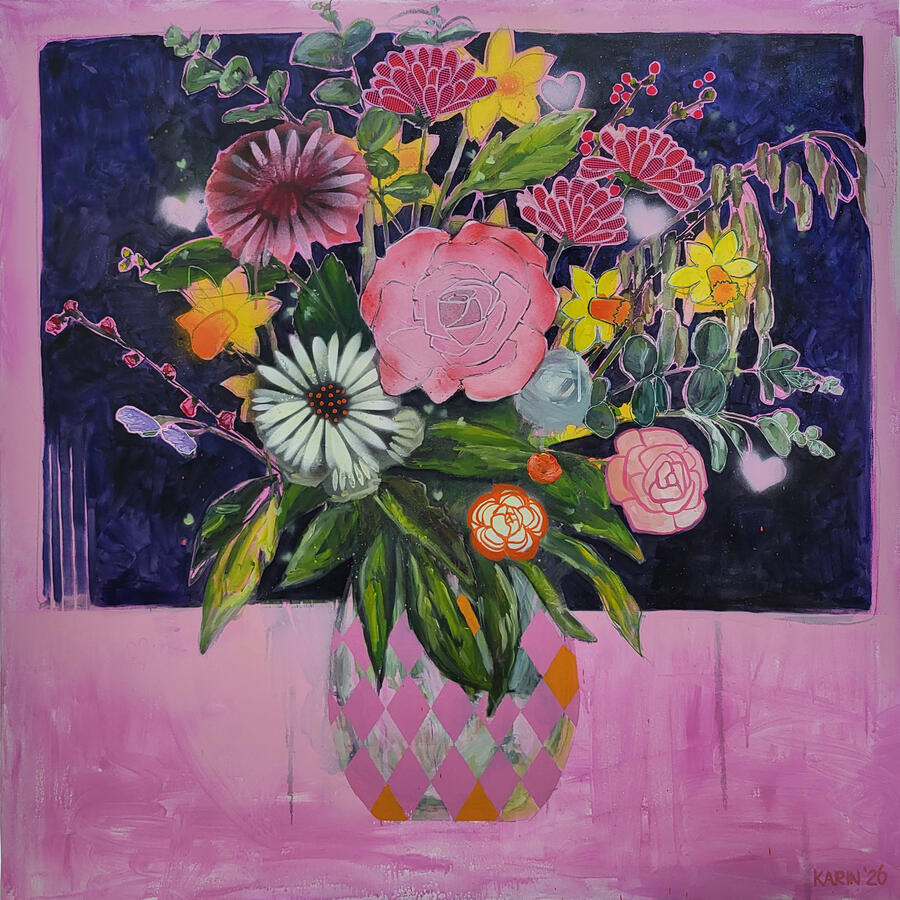Roze, mixed media, 100 x 100 cm, € 950,-